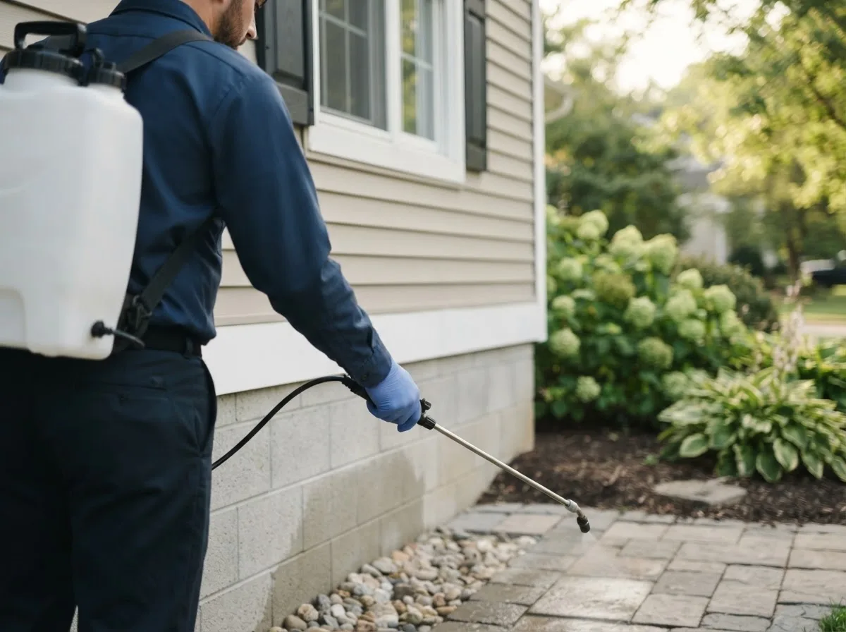 Pest control technician inspecting a home in Eagarville, IL